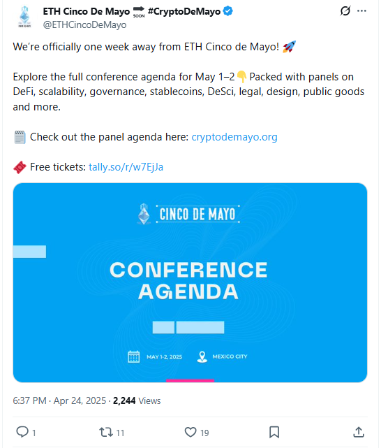 Tweet @ETHCincoDeMayo, 24 de abril 2025: agenda de la conferencia en CryptoDeMayo.org